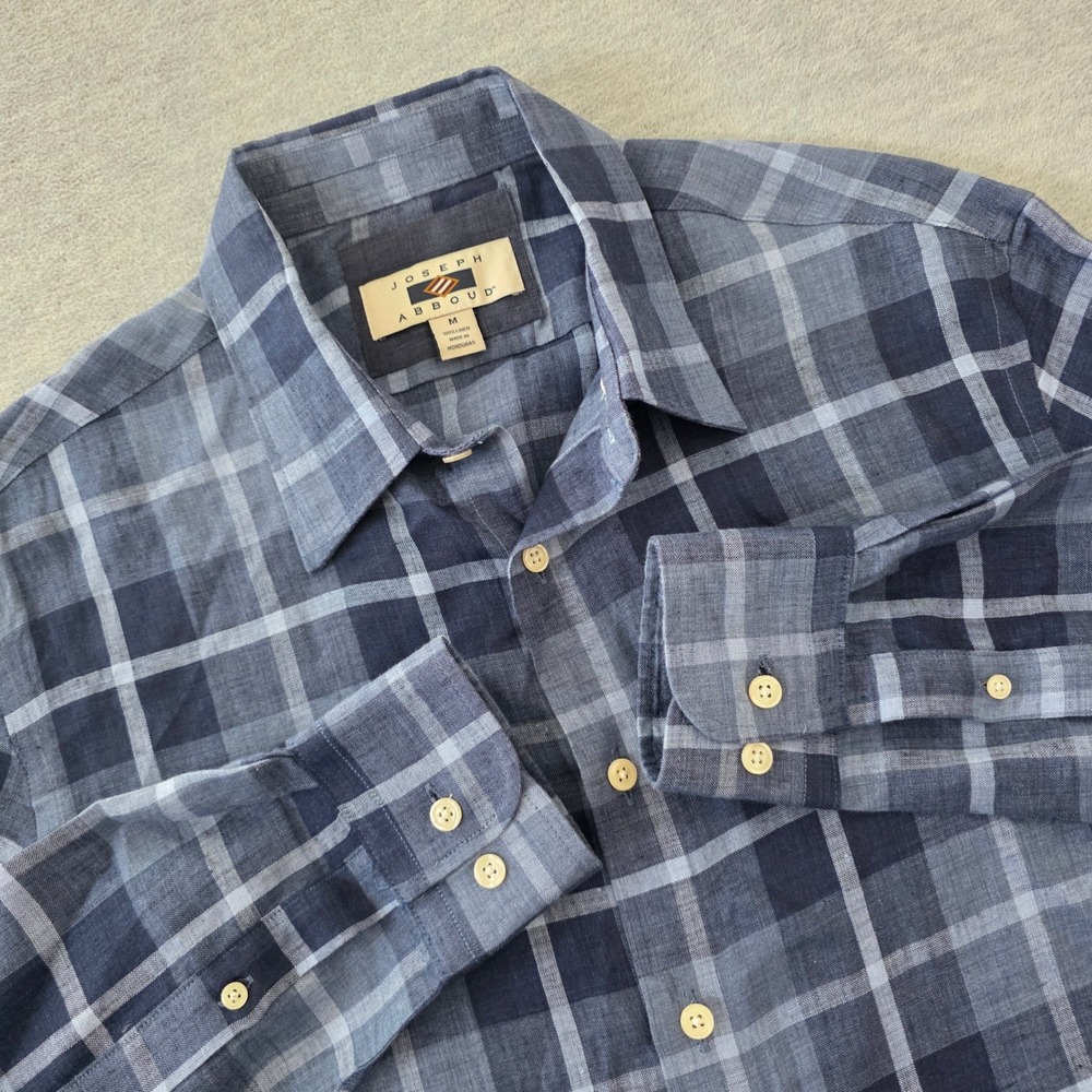 Joseph Abboud Mens Blue Plaid 100% Linen Long Sleeve Button Down Shirt Medium